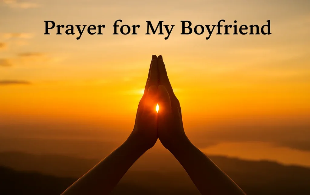 A serene sunrise over a calm landscape with hands clasped in prayer, symbolizing a morning prayer for my boyfriend success and spiritual devotion.